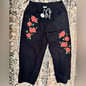 Black Joggers with Red Rose Embroidery